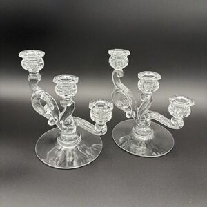 VNTG Heisey Pair Of  Clear Glass Etched Orchid 3 light candlesticks Candelabra